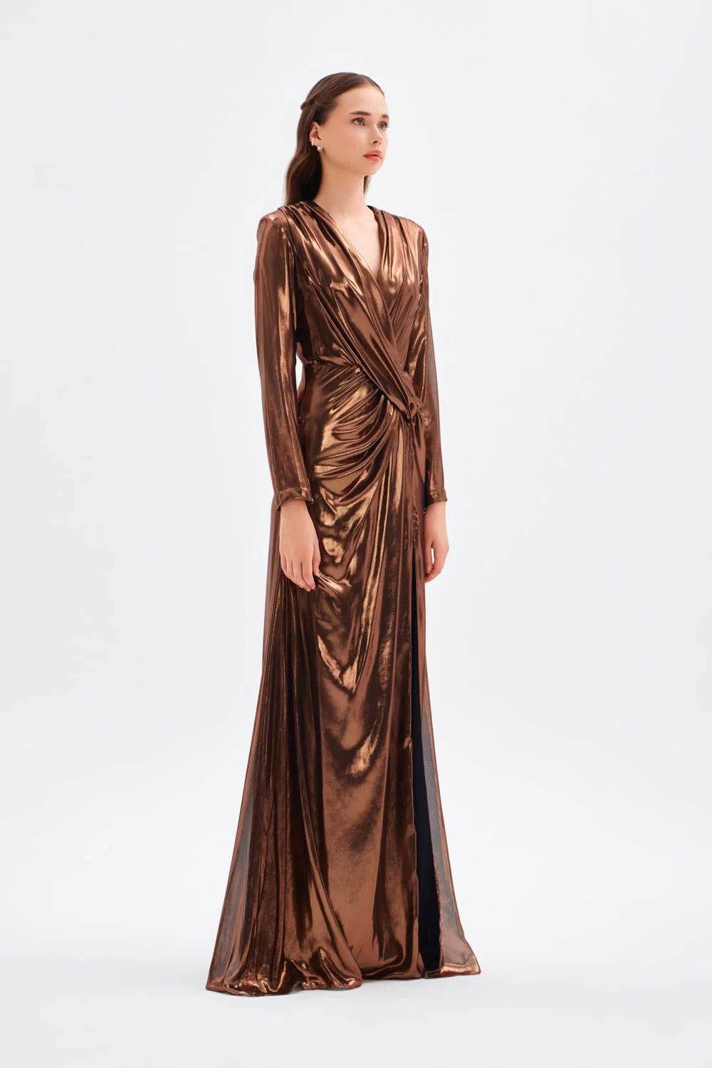 Long Sleeve V-Neck Ruched Maxi Evening Dress
