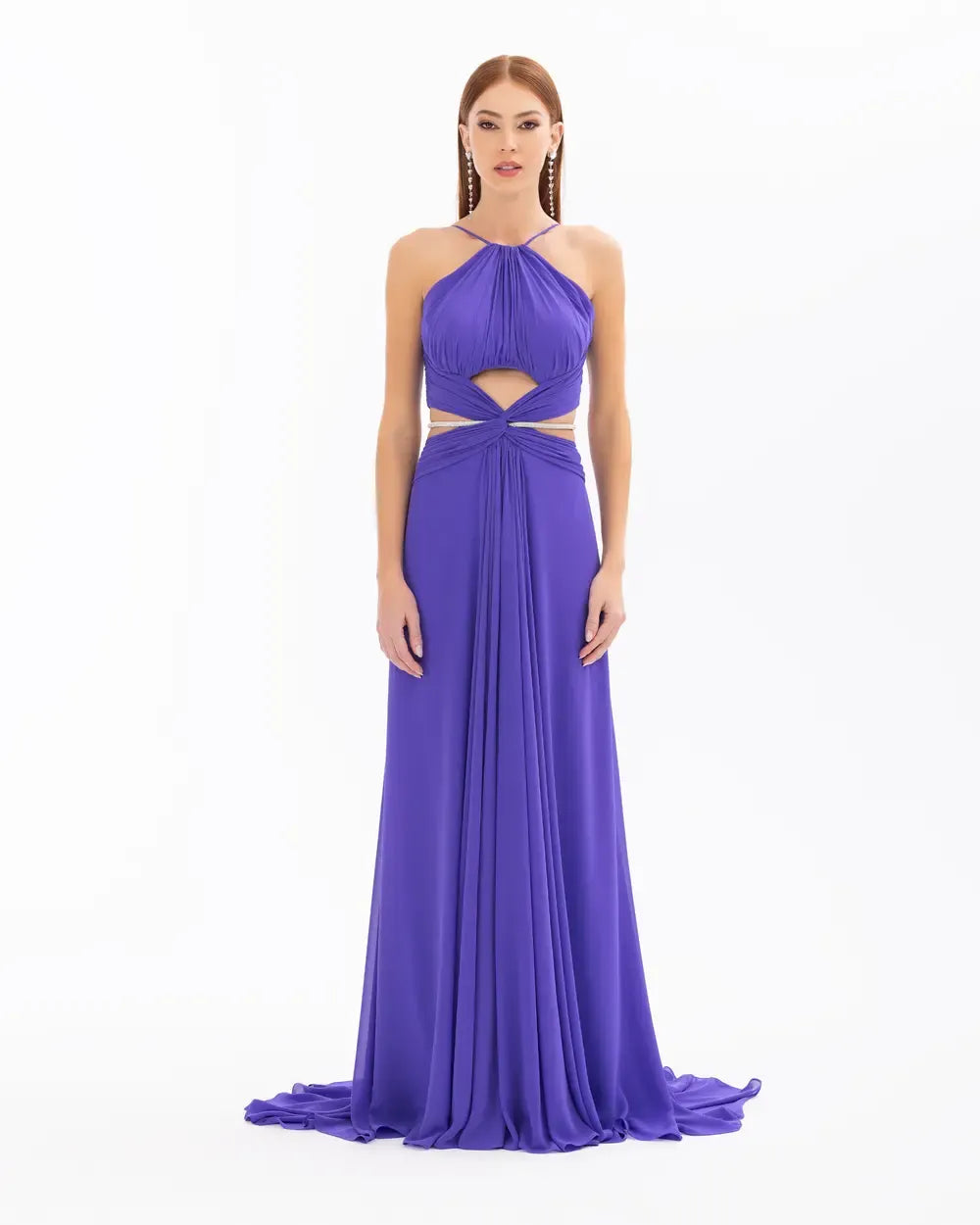 Chiffon Evening Dress with Cut-Out Detail and Bead Embroidery