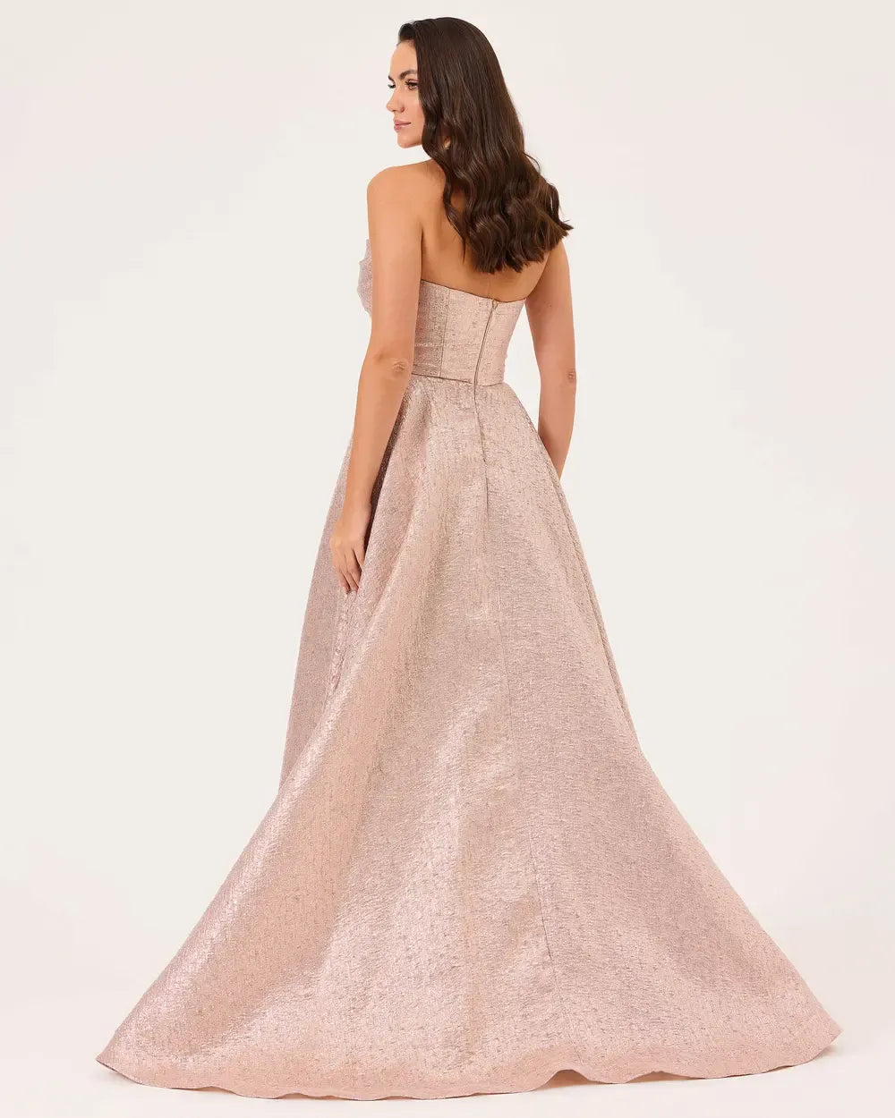 Strapless Jacquard Evening Dress with Slit