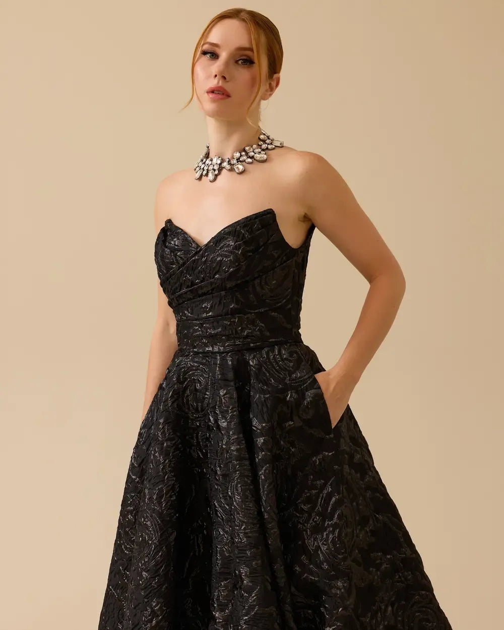 Strapless Jacquard Evening Dress with Pockets