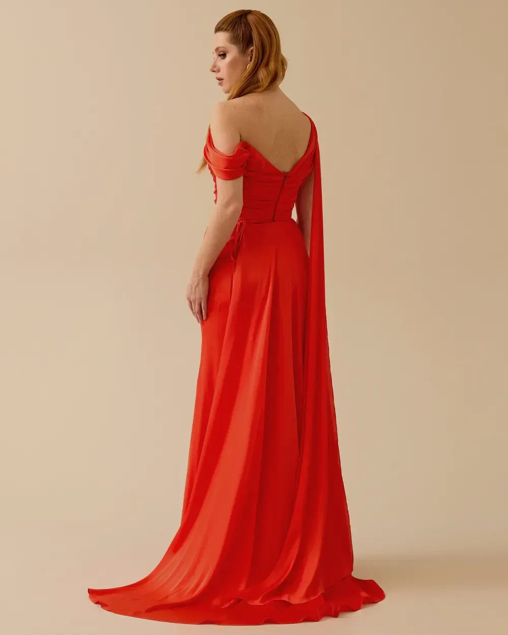Draped Satin One-Shoulder Slit Evening Gown