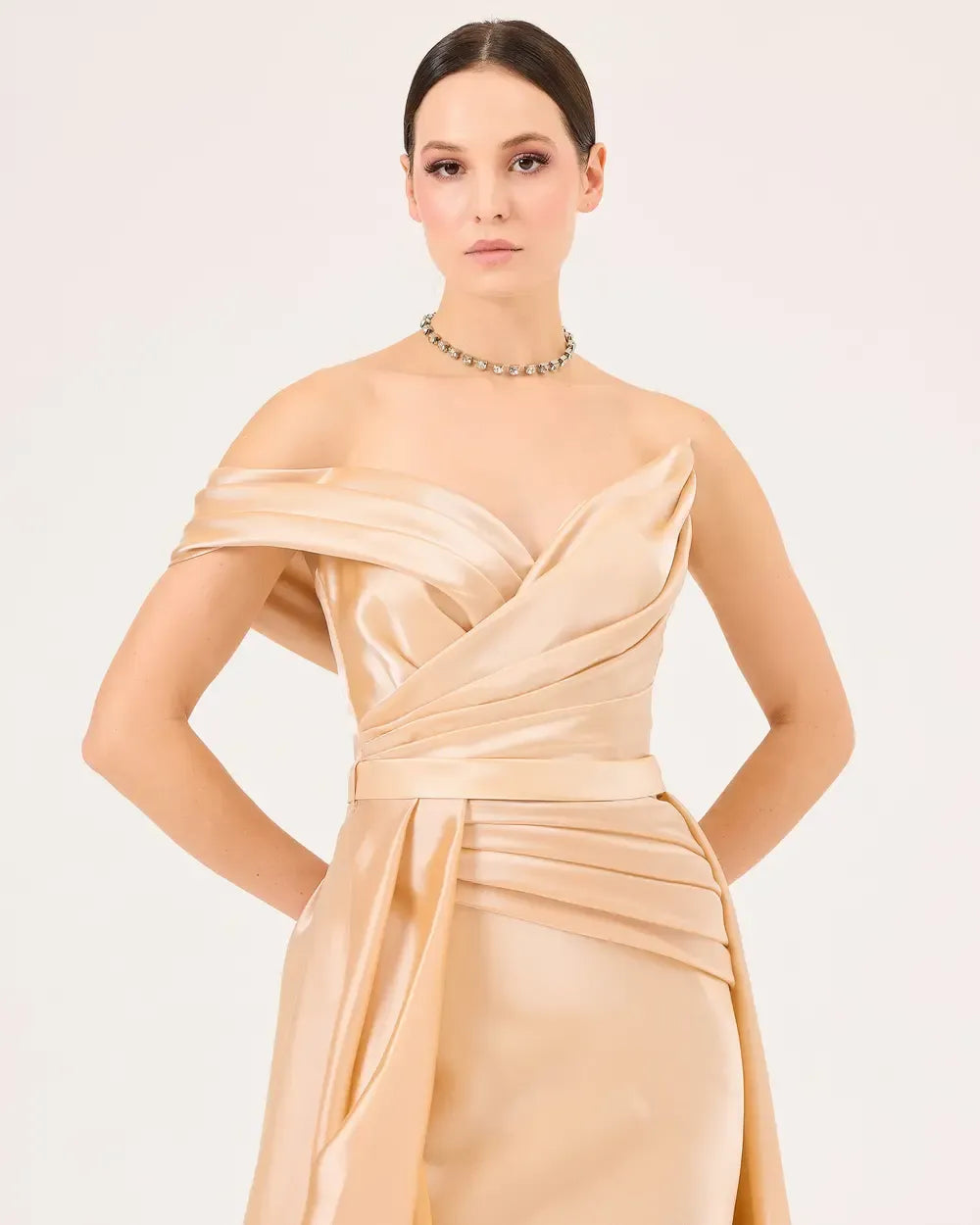 Off-Shoulder Draped Satin Evening Dress