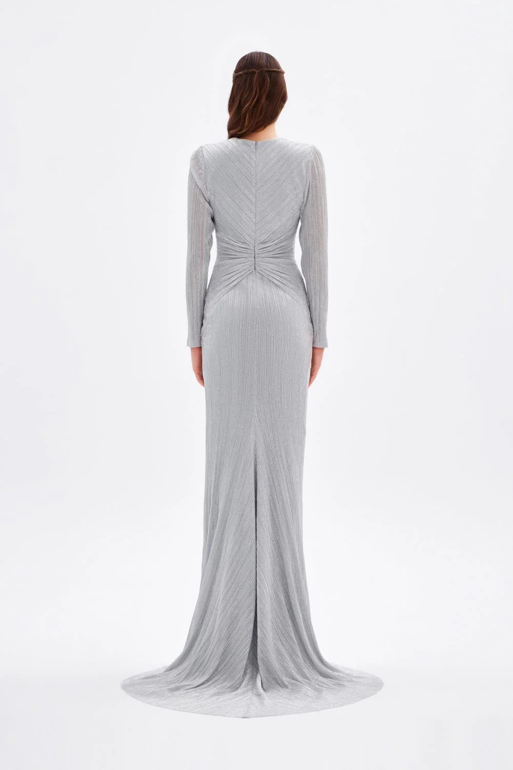 Long Glitter Evening Dress with V-Neck and Knot Detail