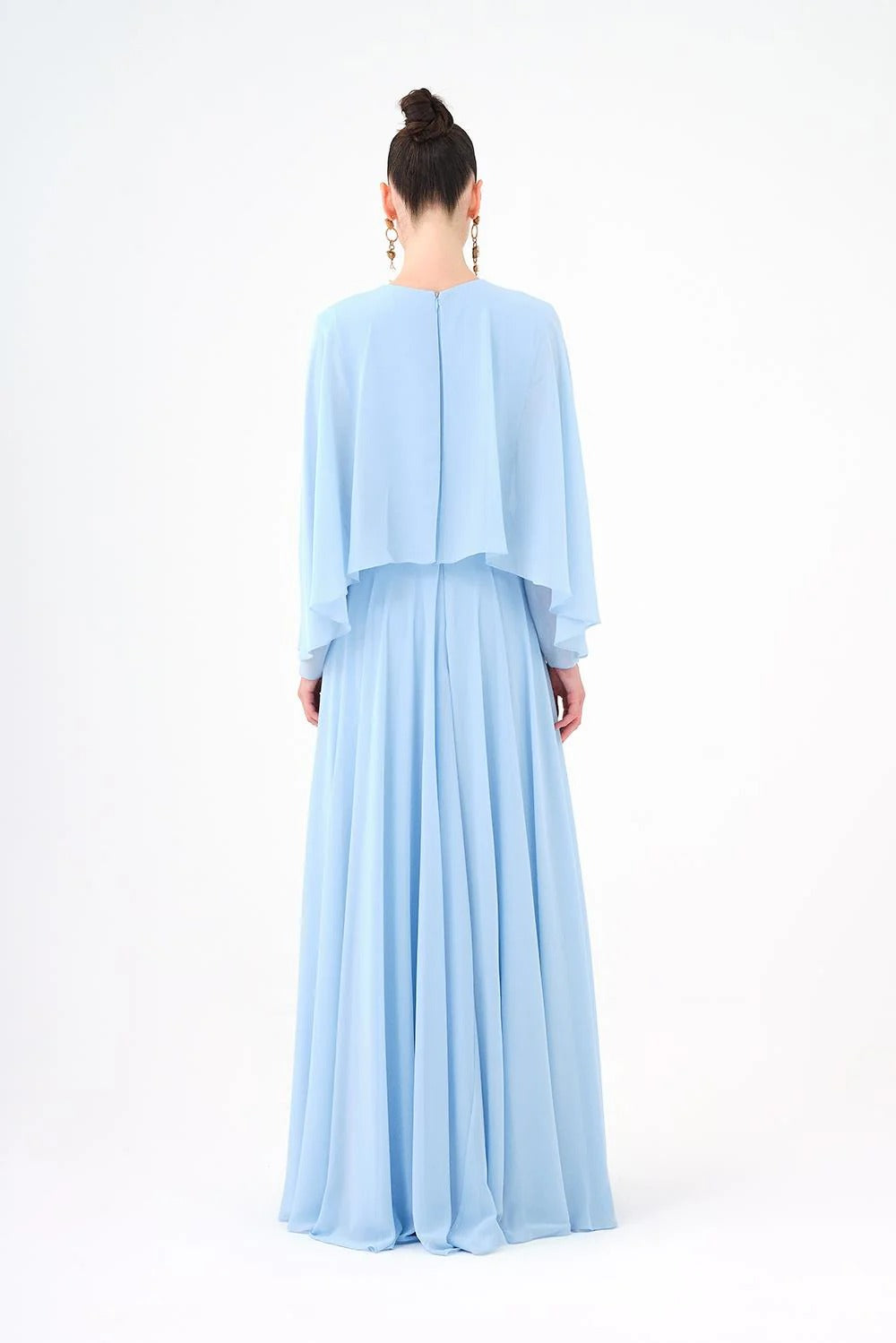 Long-Sleeve Chiffon Evening Dress with Embellished Details