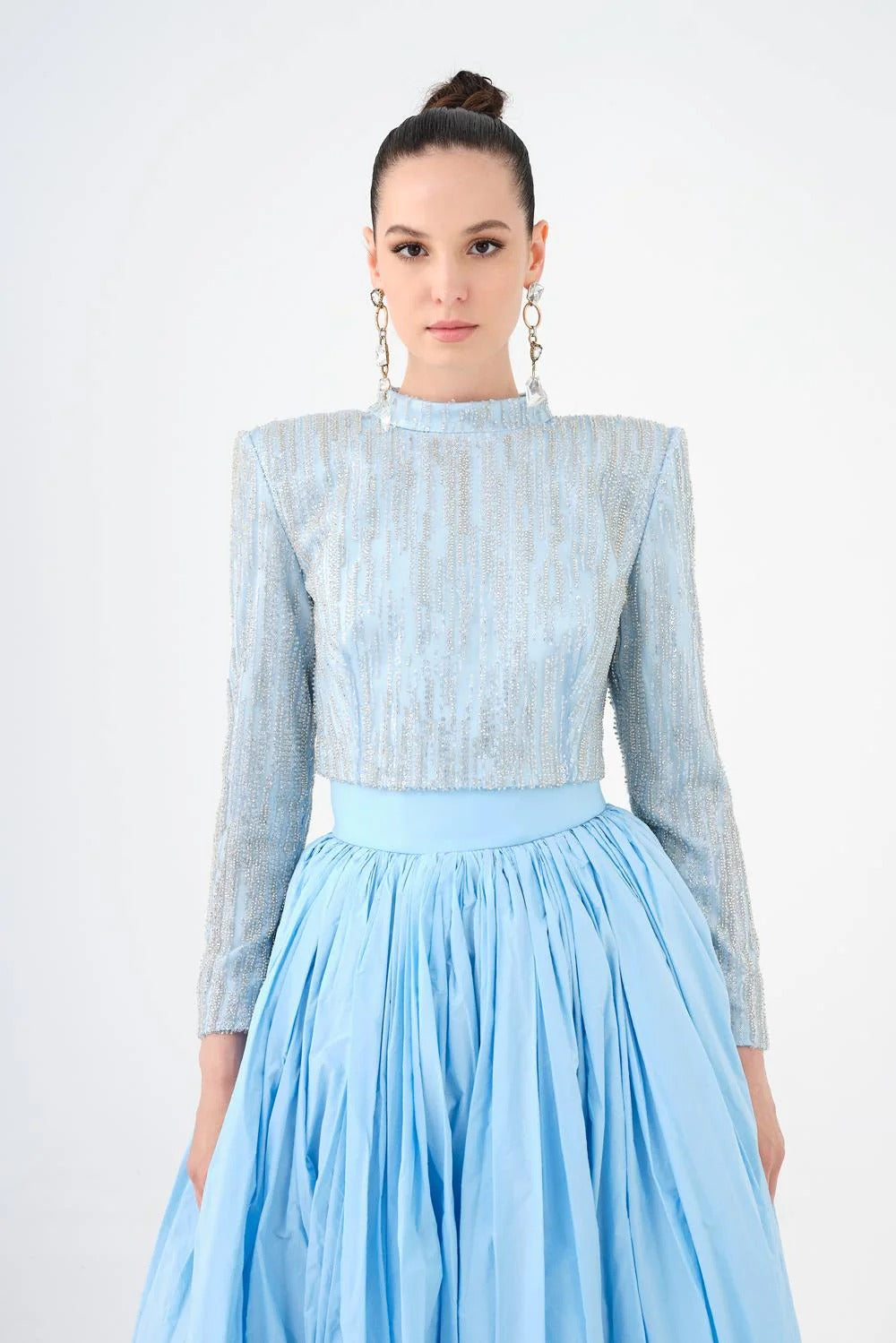 Beaded Long-Sleeve Jacket & Taffeta Skirt Set