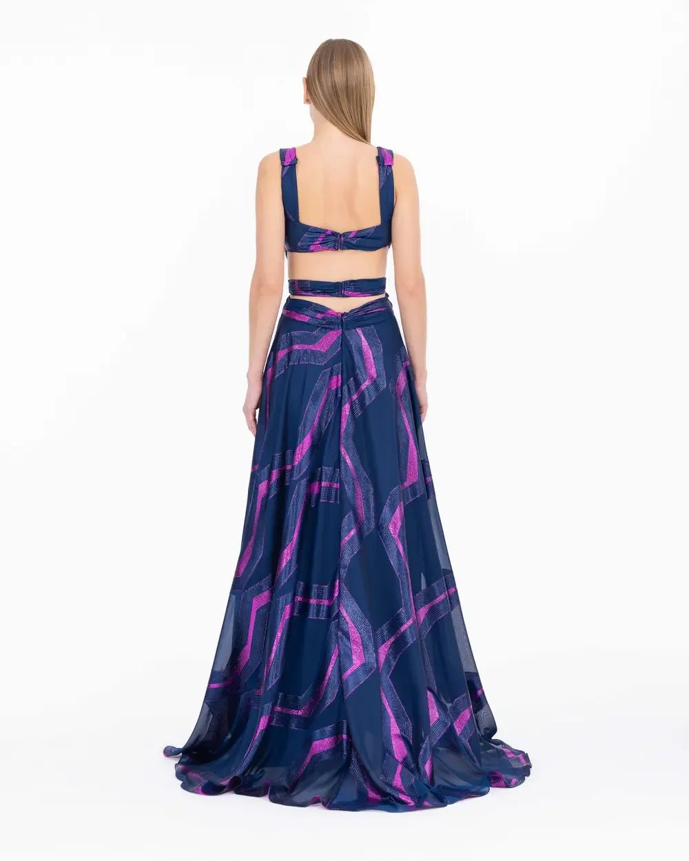 Patterned V-Neck Sleeveless Maxi Evening Dress