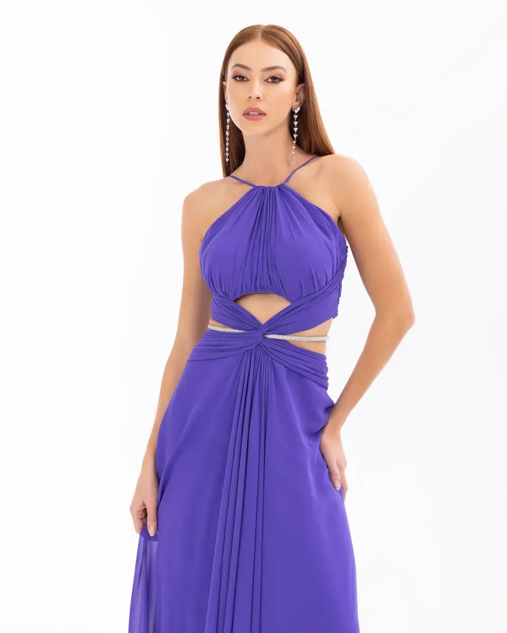 Chiffon Evening Dress with Cut-Out Detail and Bead Embroidery