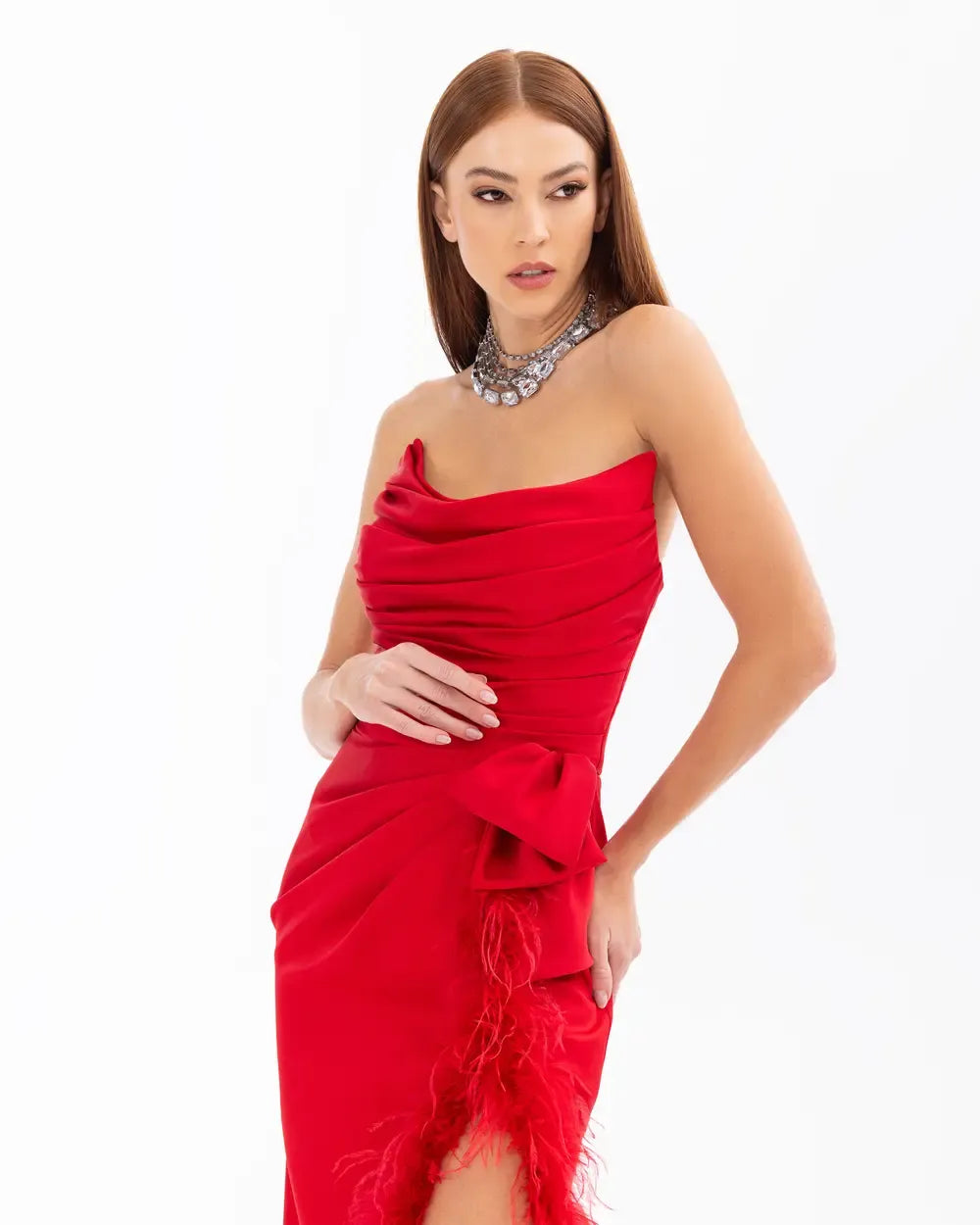 Strapless Evening Dress with Feather Detail and Slit