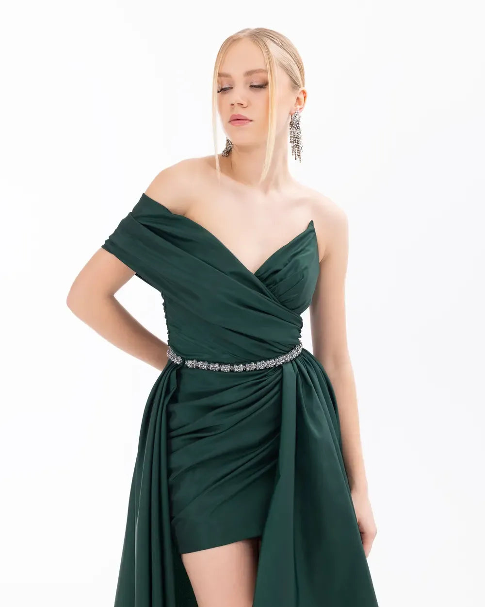 V-Neck Evening Dress with Detachable Skirt and Belt