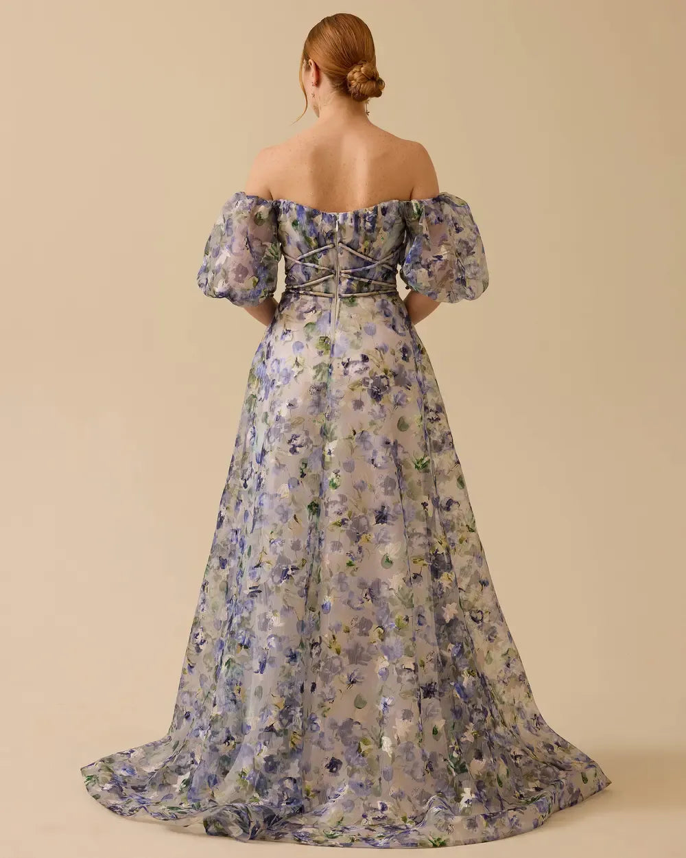 Off-Shoulder Balloon-Sleeve Slit Evening Dress