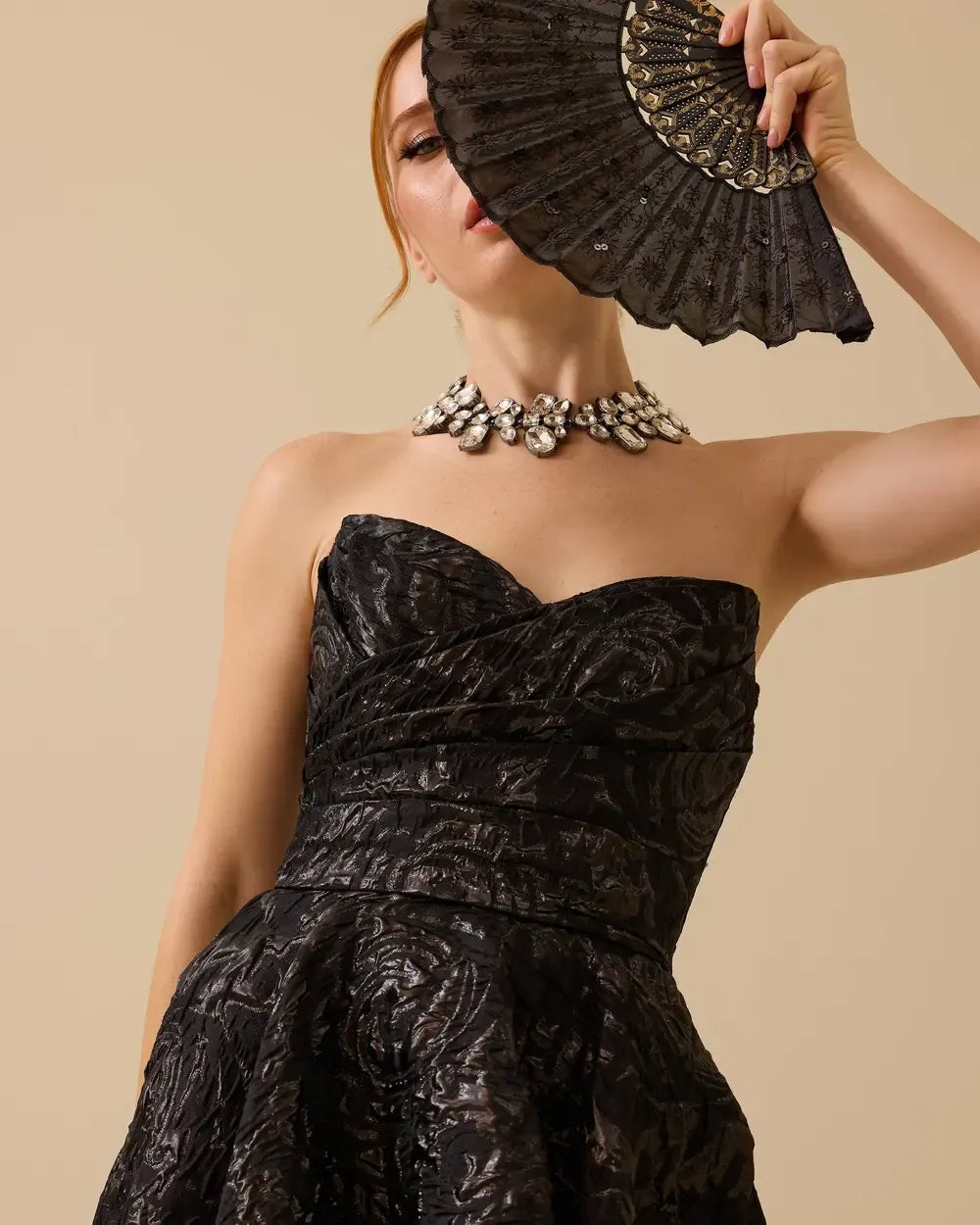 Strapless Jacquard Evening Dress with Pockets