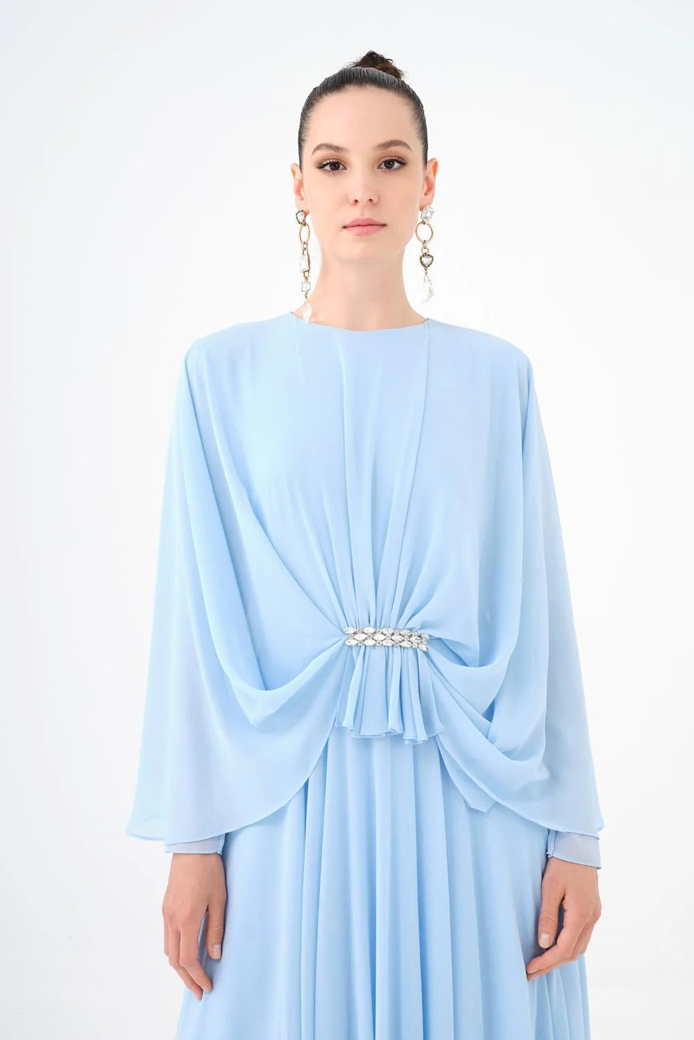 Long-Sleeve Chiffon Evening Dress with Embellished Details