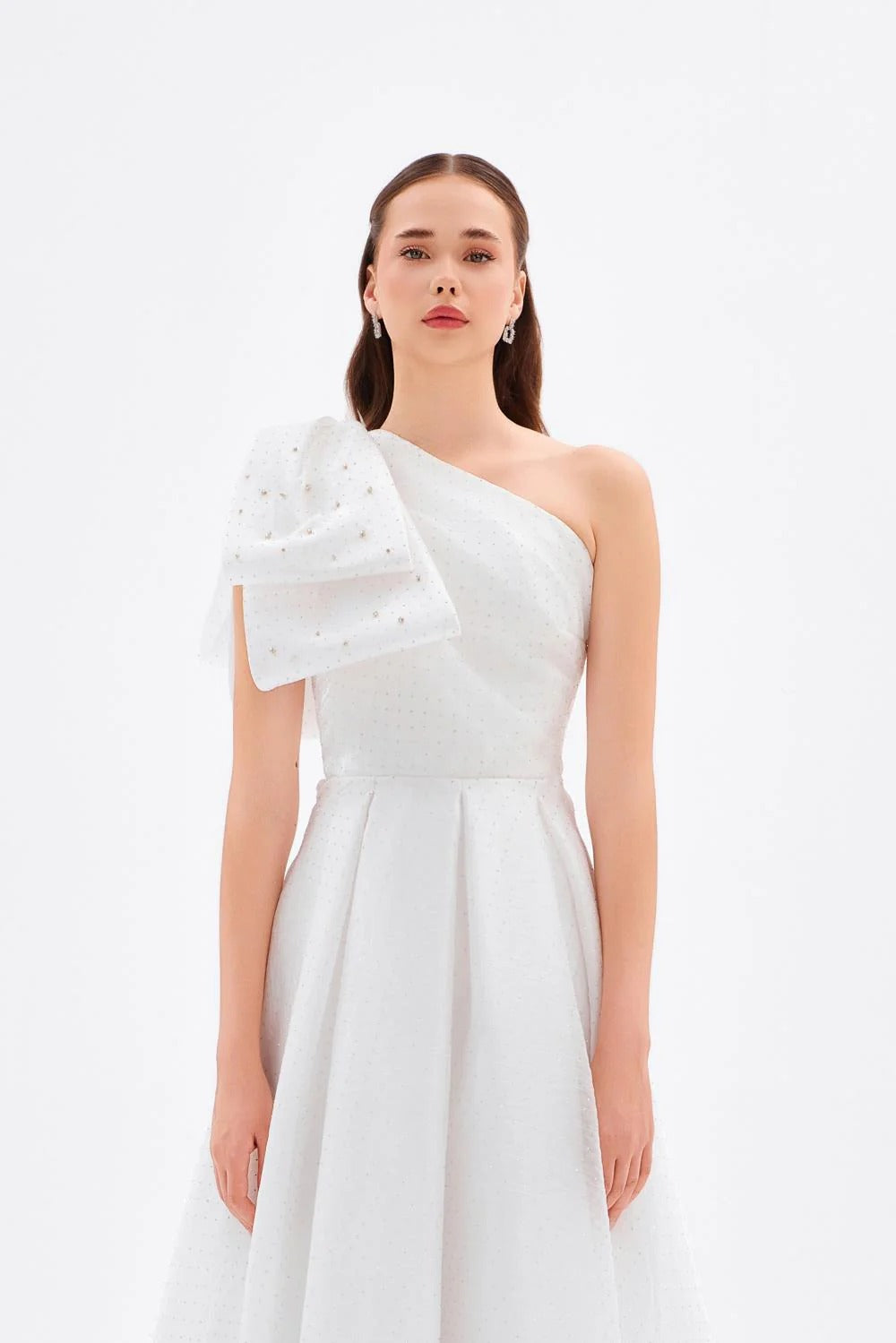 One-Shoulder Long Evening Dress with Bow Detail