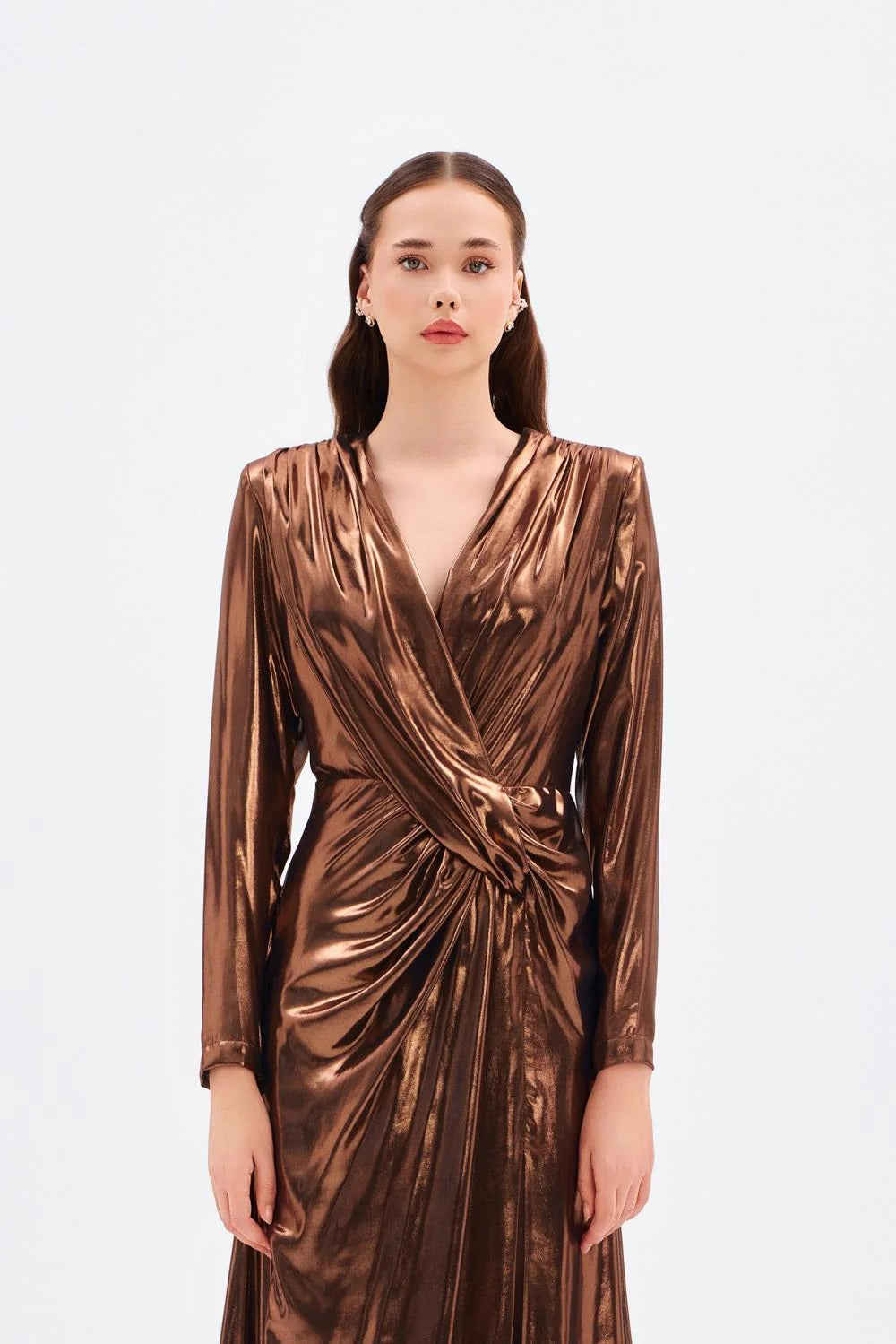 Long Sleeve V-Neck Ruched Maxi Evening Dress